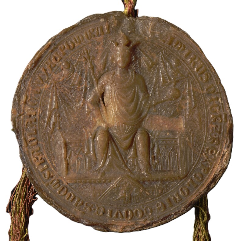 Kazimierz Wielki, król Polski, pieczęć majestatowa [awers dwustronnej pieczęci większej]. Odcisk z Archiwum Narodowego w Krakowie z 1348 r.