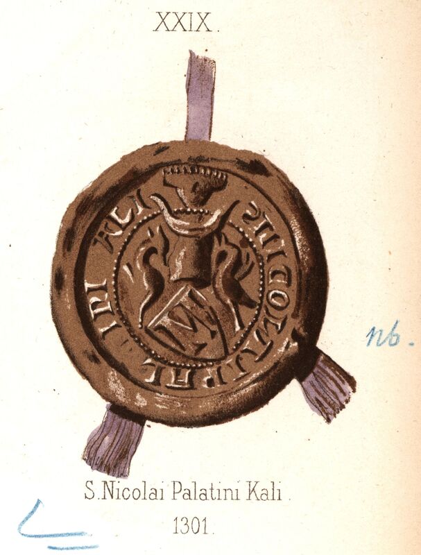 Mikołaj Przedpełkowic z Gostynia, wojewoda kaliski, pieczęć herbowa I. Opisy Ignacego Zakrzewskiego z 1878 i 1881 r.