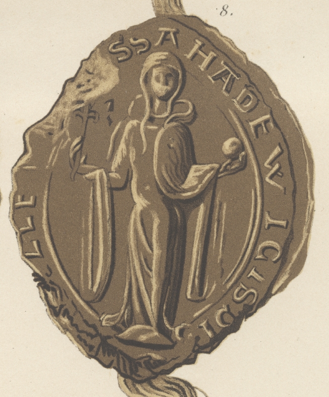 Jadwiga Śląska, księżna śląska, pieczęć piesza. Opis Alwina Schultza z 1871 r.