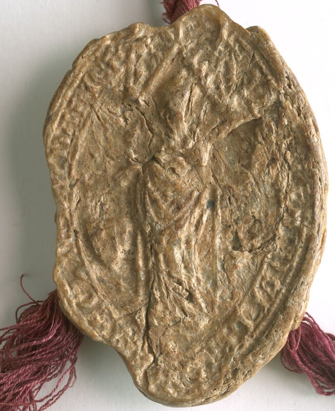 Wojciech Pałuka [h. Topór], biskup poznański, pieczęć piesza. Odcisk z Archiwum Głównego Akt Dawnych w Warszawie z 1349 r.