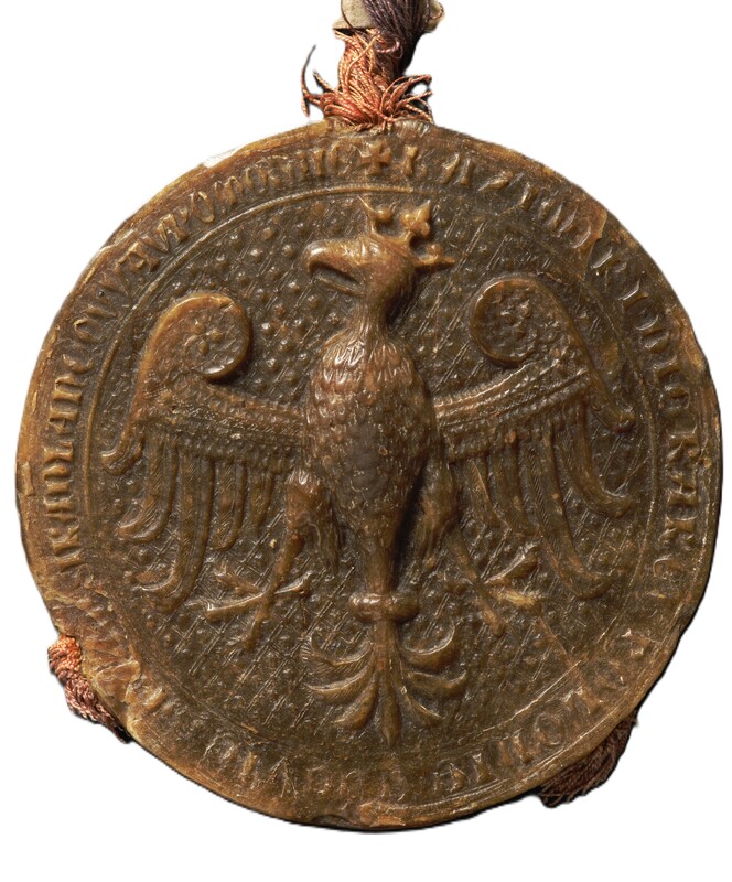 Kazimierz Wielki, król Polski, pieczęć herbowa I [rewers dwustronnej pieczęci większej]. Odcisk z Archiwum Narodowego w Krakowie z 1336 r.