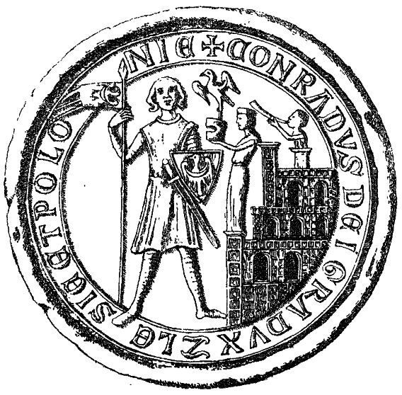 Konrad I, książę głogowski, pieczęć piesza. Opis Kazimierza Stronczyńskiego z 1888 r.