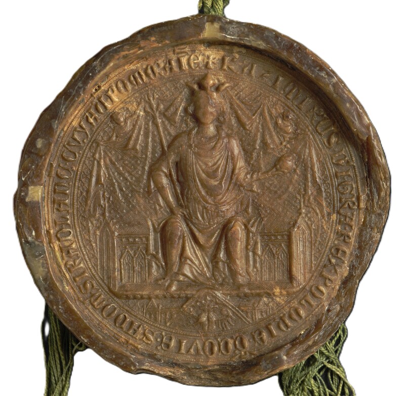 Kazimierz Wielki, król Polski, pieczęć majestatowa [awers dwustronnej pieczęci większej]. Odcisk z Archiwum Narodowego w Krakowie z 1360 r. (2)