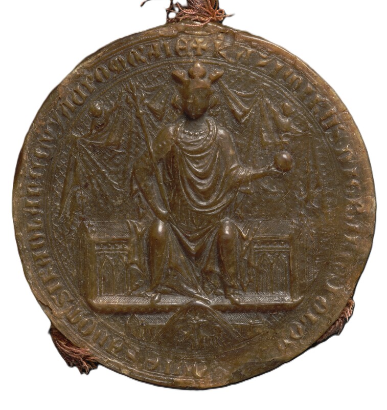Kazimierz Wielki, król Polski, pieczęć majestatowa [awers dwustronnej pieczęci większej]. Odcisk z Archiwum Narodowego w Krakowie z 1336 r.